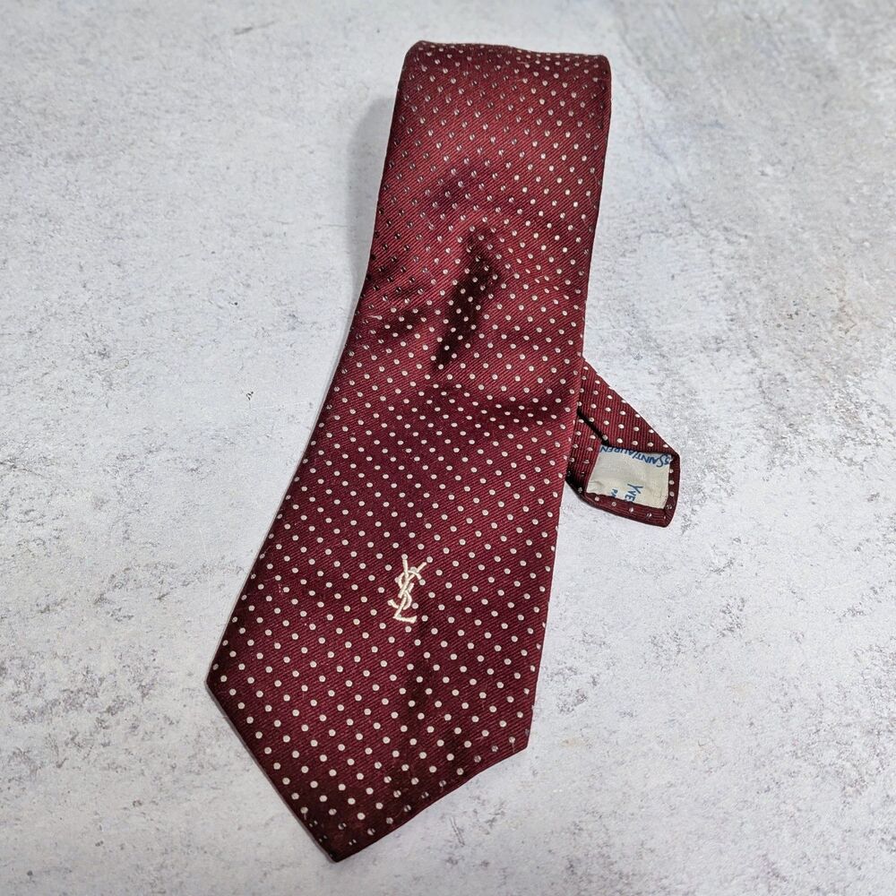 Yves Saint Laurent YSL Mens Silk Tie Embroidered Logo Vintage Luxury Red Pok Dot